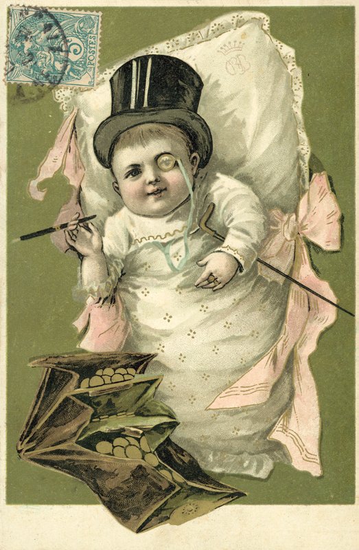 Baby Wearing a Top Hat and Monocle by European School