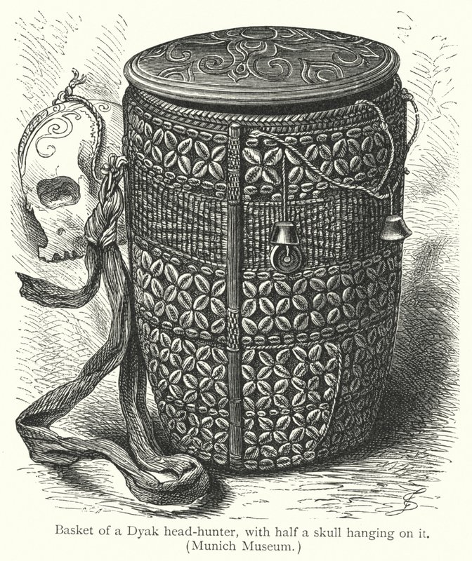 Basket of a Dyak head-hunter, with half a skull hanging on it by European School