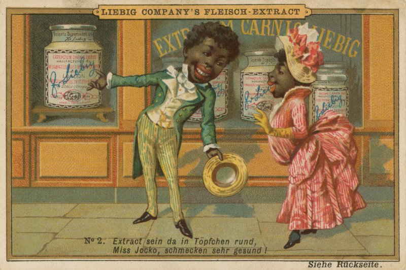 Cartoon Africans Look at Liebig Meat Extract in Shop Window by European School