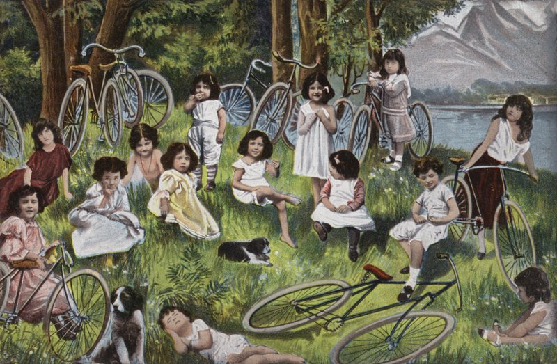 Children and Bicycles Beside a Lake in Europe by European School