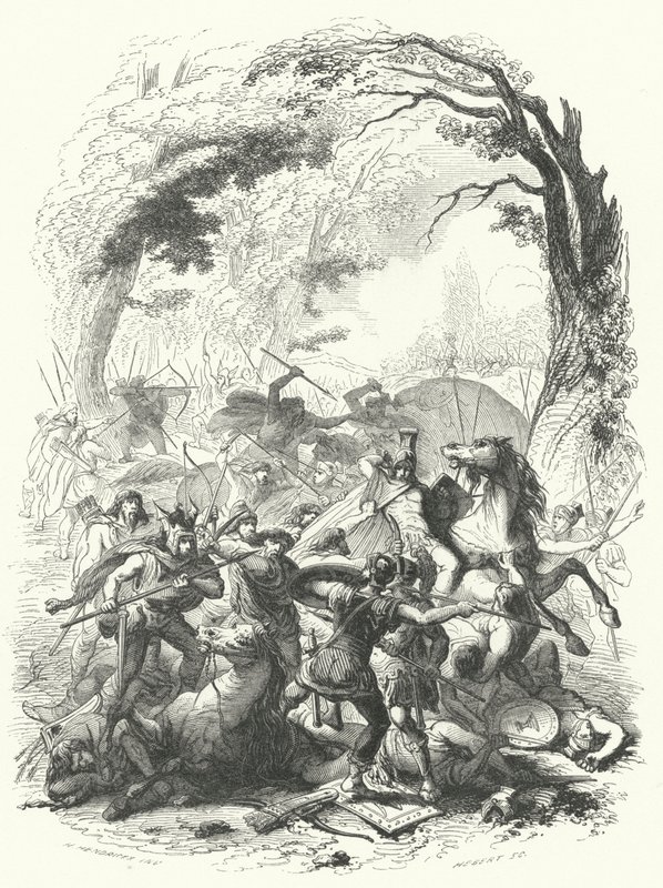 Defeat of the Roman Army Under Sabinus and Cotta by the Gauls, 54 BC (engraving) by European School