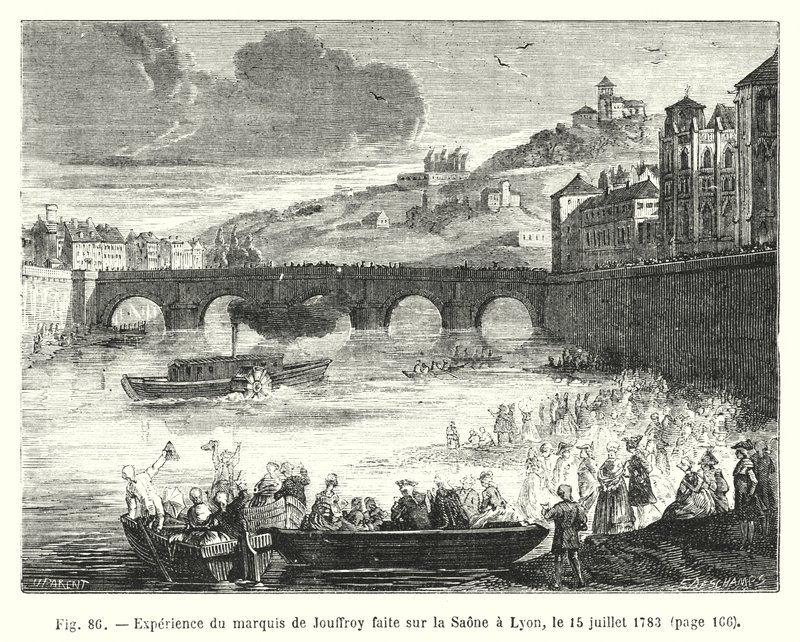 Experiment by Marquis de Jouffroy on the Saone in Lyon, July 15, 1783 (engraving) by European School