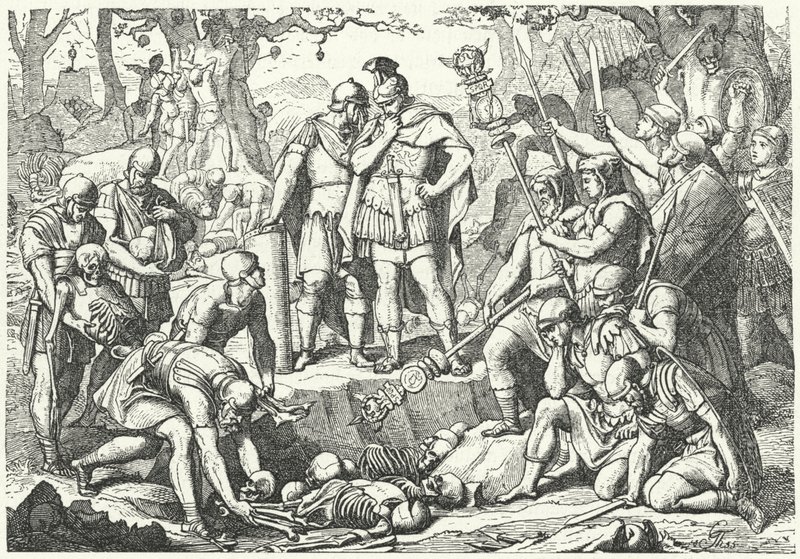 Germanicus burying the bones of soldiers of the three Roman legions commanded by Publius Quinctilius Varus destroyed by the Germans at the Battle of Teutoburg Forest in 9 BC by European School