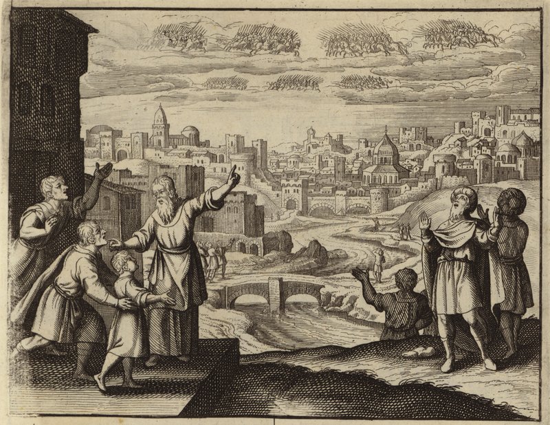 Golden-clad cavalry in the air over Jerusalem by European School