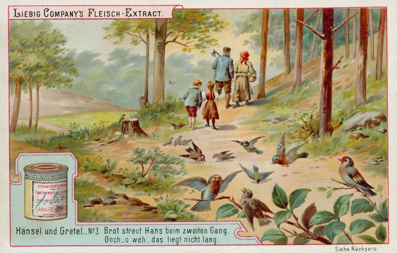 Hansel and Gretel: Birds eating the trail of breadcrumbs left by Hansel to find the way home by European School