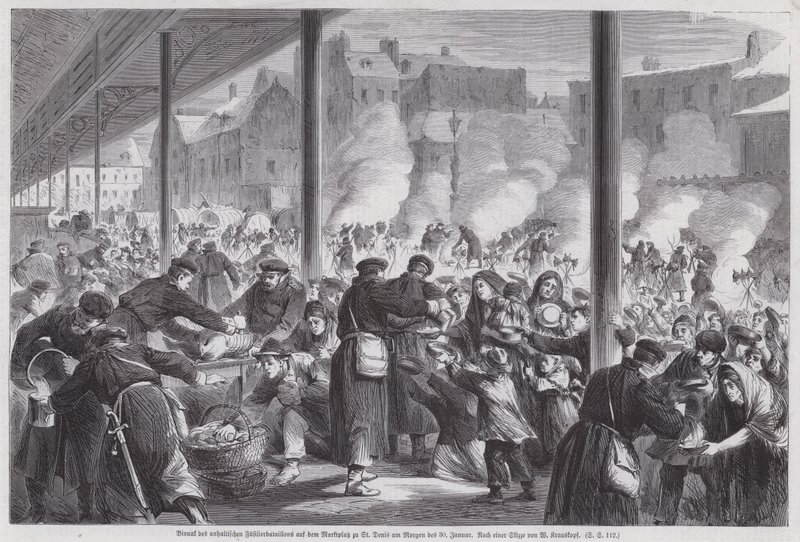Hungry Parisians begging for food from German soldiers camped on the market square of St Denis after the end of the Siege of Paris, Franco-Prussian War by European School