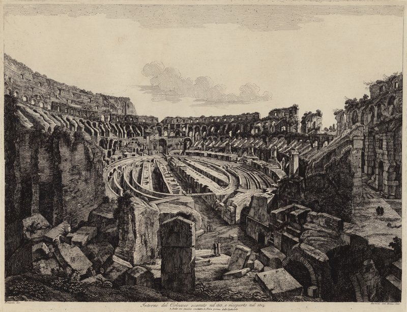 Interior of the Coliseum in Rome, excavated in 1813 and opened in 1814 by European School