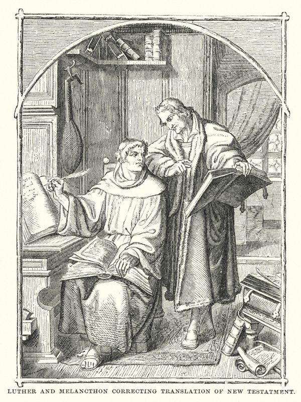 Luther and Melancthon correcting translation of New Testament by European School