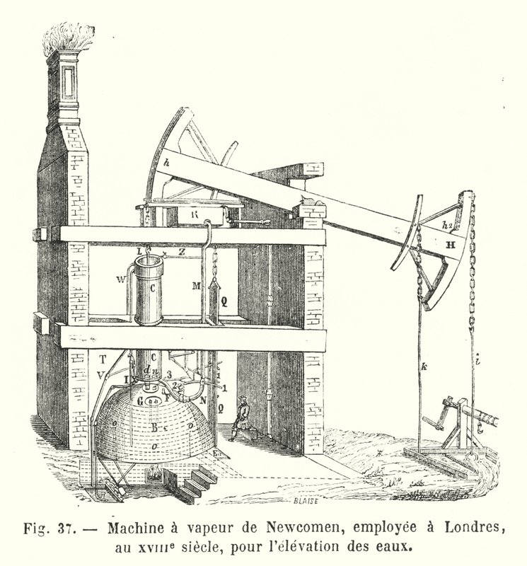 Newcomen Steam Engine, Used in London in the 18th Century for Water Elevation (engraving) by European School