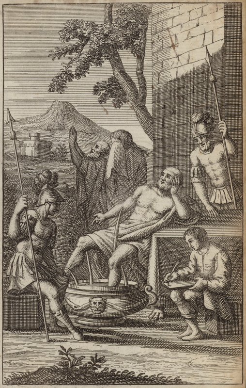 Man bathing and thinking, possibly Archimedes? by European School