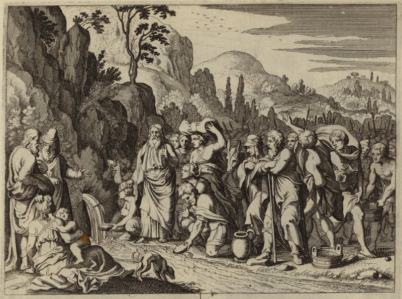 Moses striking the rock with his staff to bring forth water by European School
