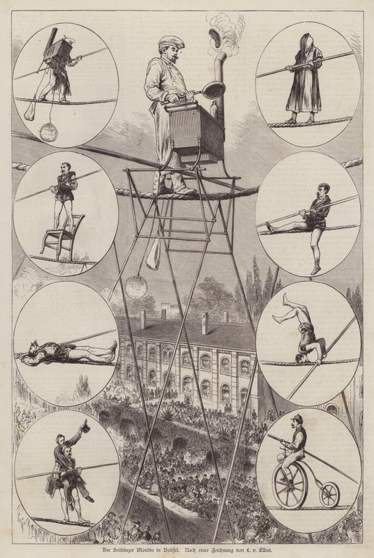 Performance by French tightrope walker and acrobat Charles Blondin in Brussels by European School