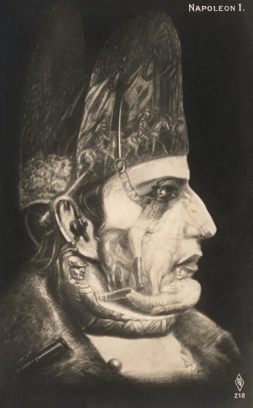 Portrait of Napoleon Bonaparte, with Scenes from His Battles Drawn on His Face and Hat by European School