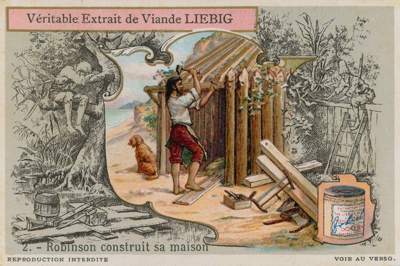 Robinson Crusoe building his hut by European School