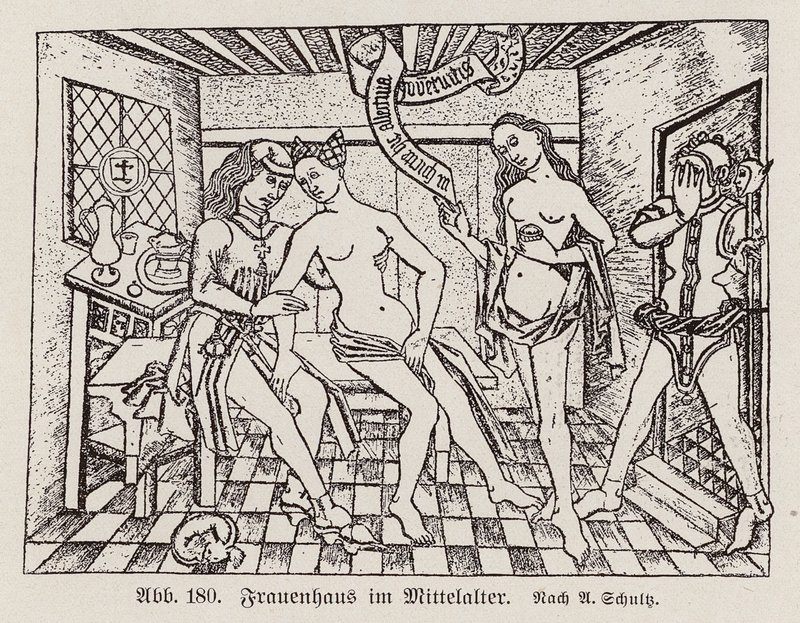 Scene in a Frauenhaus, a late medieval German brothel by European School
