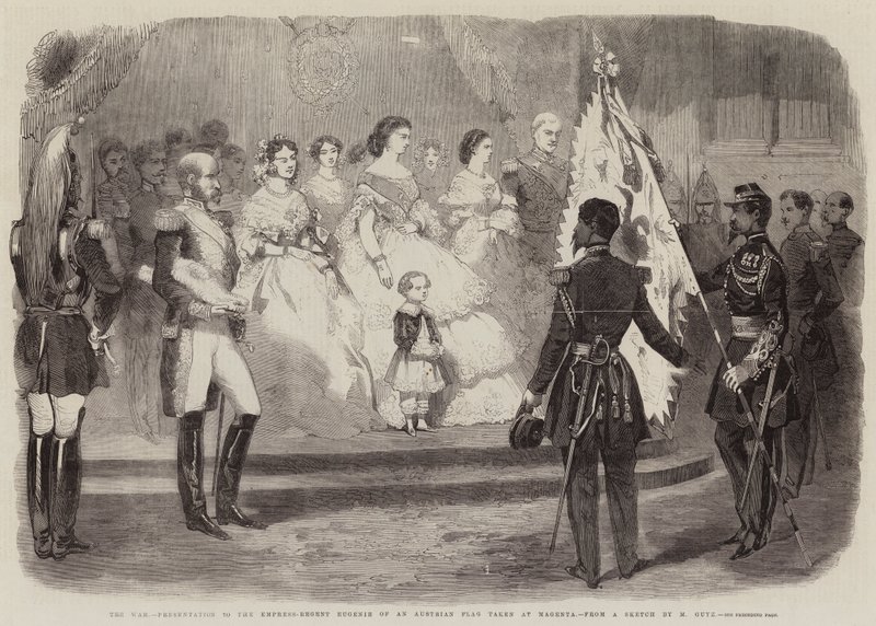 The War, Presentation to the Empress-Regent Eugenie of an Austrian Flag Taken at Magenta by European School