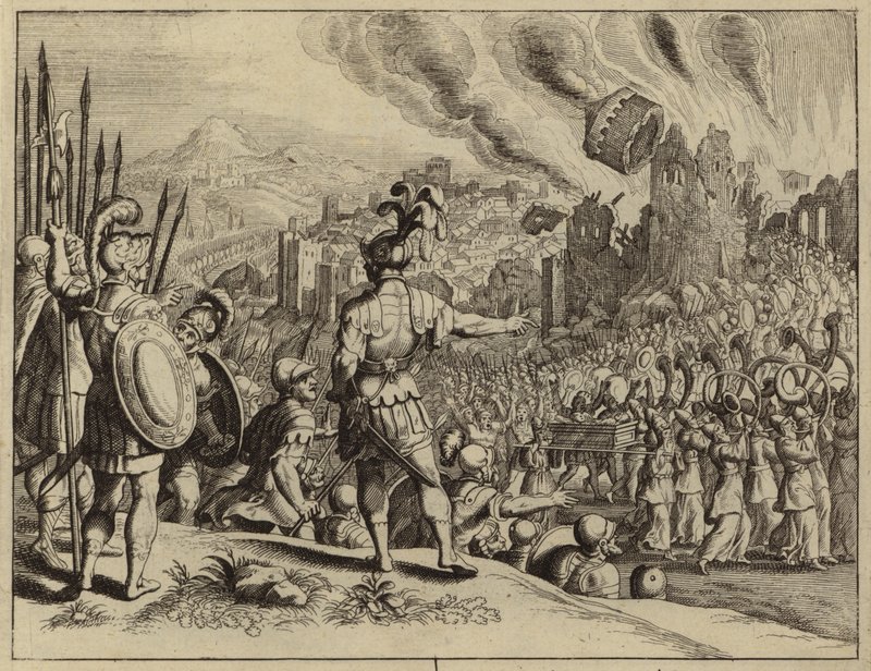 The trumpets of Joshua bringing down the walls of Jericho by European School
