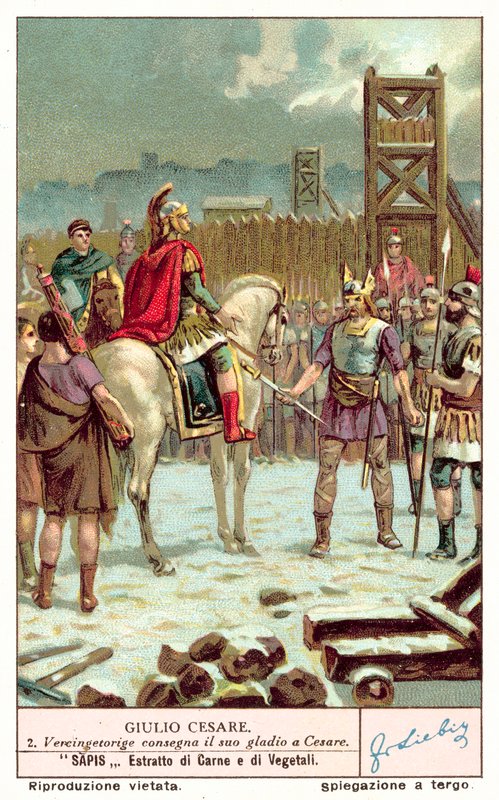 Vercingetorix surrendering his sword to Julius Caesar after the Siege of Alesia, 52 BC by European School