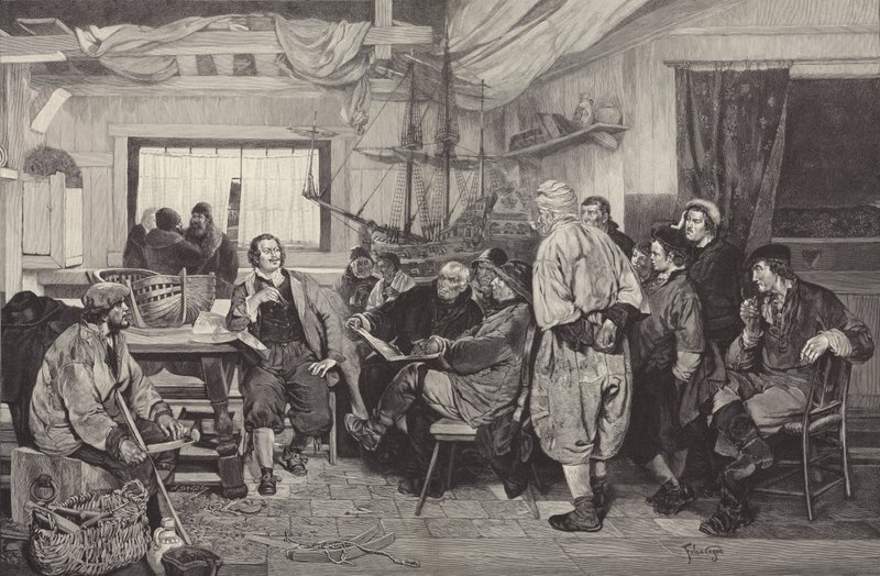 Peter the Great being taught the art of shipbuilding in Holland in 1697 (engraving) by Felix Cogen
