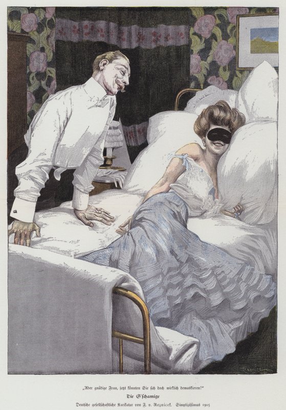 Man talking to a masked woman in bed, 1905 by Ferdinand von Reznicek