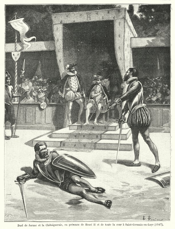 Duel between Guy Cabot de Jarnac and Francois de Vivonne, Seigneur de la Chataigneraie in front of King Henry II of France and all his court at St Germain-en-Laye by Fortune Louis Meaulle