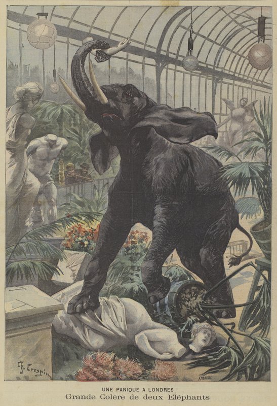 Two enraged elephants on the rampage in London by Fortune Louis Meaulle