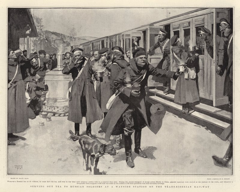 Serving out Tea to Russian Soldiers at a Wayside Station on the Transsiberian Railway by Frank Craig