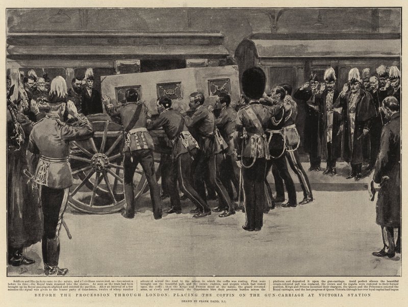 Before the Procession through London, placing the Coffin on the Gun-Carriage at Victoria Station by Frank Dadd