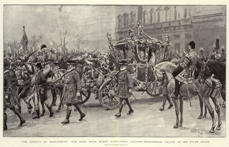 The Opening of Parliament, the King, with Queen Alexandra, leaving Buckingham Palace in his State Coach by Frank Dadd