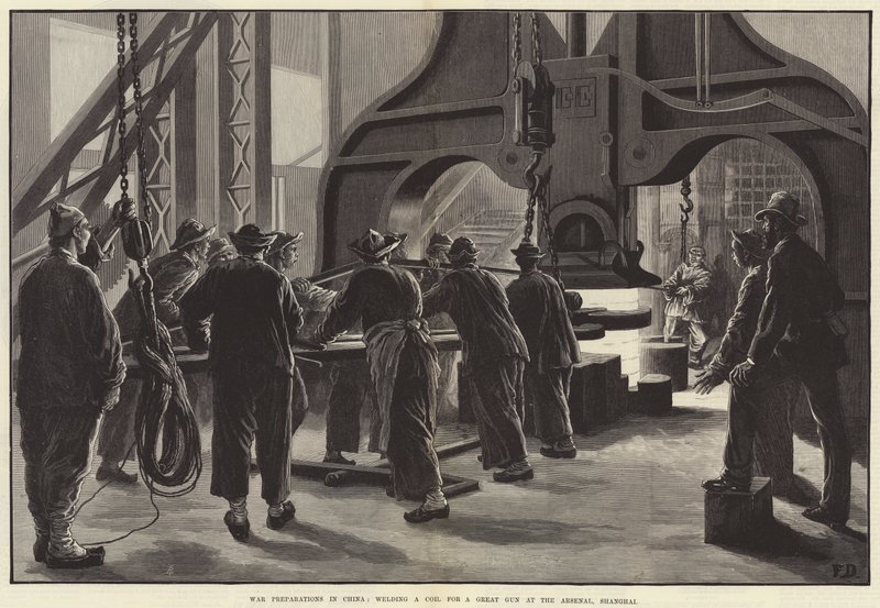 War Preparations in China, welding a Coil for a Great Gun at the Arsenal, Shanghai by Frank Dadd