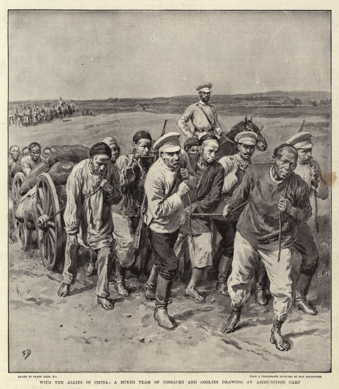 With the Allies in China, a Mixed Team of Cossacks and Coolies drawing an Ammunition Cart by Frank Dadd