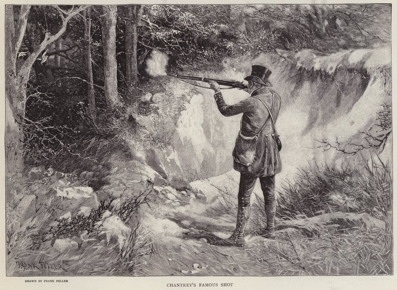 Sir Francis Chantrey killing two woodcocks with one shot while hunting at Holkham Hall, Norfolk by Frank (after) Feller