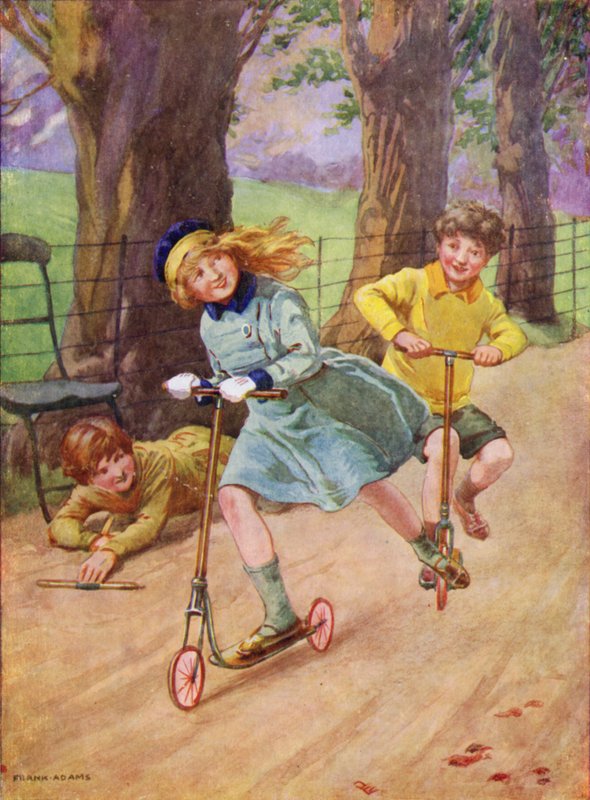 Girl and boy racing on scooters by Frank Adams