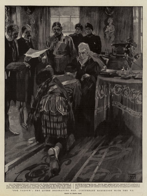 For Valour, the Queen decorating Honourable Lieutenant Robertson with the V C by Frank Craig