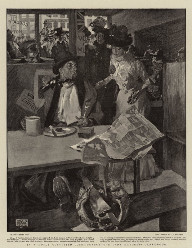 In a Hotly Contested Constituency, the Lady Mayoress canvassing by Frank Craig