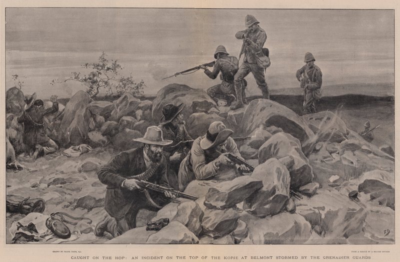 Caught on the Hop, an Incident on the Top of the Kopje at Belmont stormed by the Grenadier Guards by Frank Dadd
