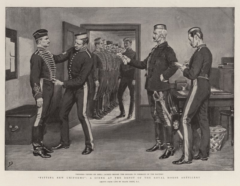 Fitting New Uniforms, a Scene at the Depot of the Royal Horse Artillery by Frank Dadd