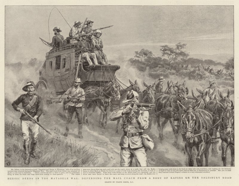 Heroic Deeds in the Matabele War, defending the Mail Coach from a Body of Kafirs on the Salisbury Road by Frank Dadd