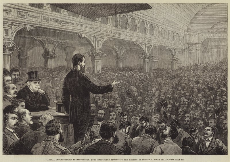 Liberal Demonstration at Manchester, Lord Hartington addressing the Meeting at Pomona Gardens Palace by Frank Dadd