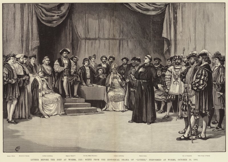 Luther before the Diet at Worms, 1521, Scene from the Historical Drama of Luther, performed at Worms, 30 October 1883 by Frank Dadd