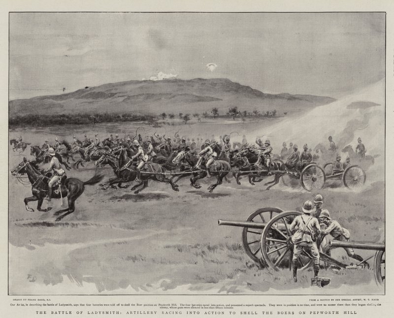 The Battle of Ladysmith, Artillery racing into Action to shell the Boers on Pepworth Hill by Frank Dadd