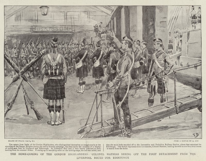 The Home-Coming of the Gordon Highlanders, Colonel Mathias seeing off the First Detachment from the Liverpool Docks for Edinburgh by Frank Dadd