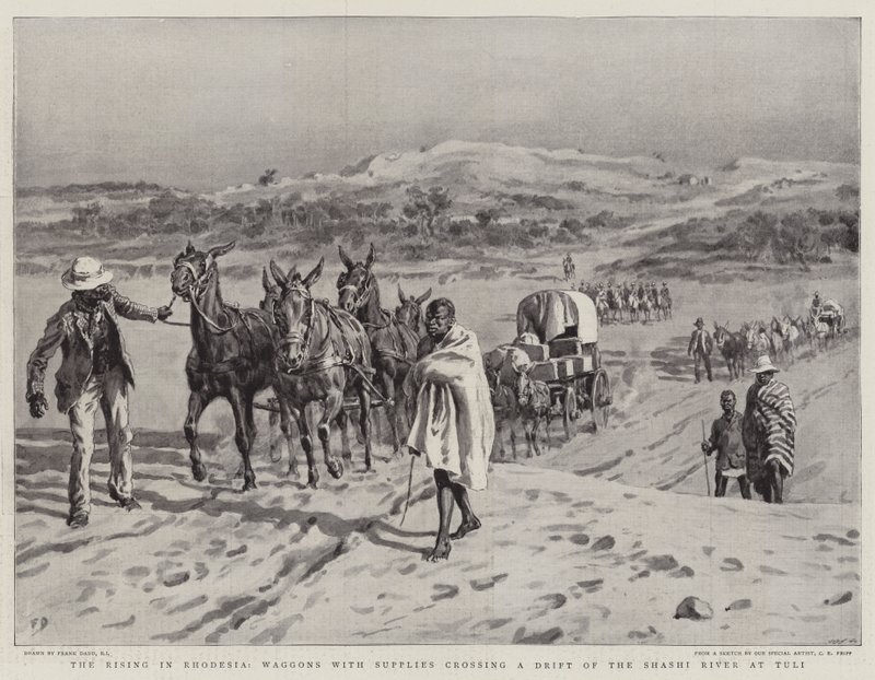 The Rising in Rhodesia, Waggons with Supplies Crossing a Drift of the Shashi River at Tuli by Frank Dadd