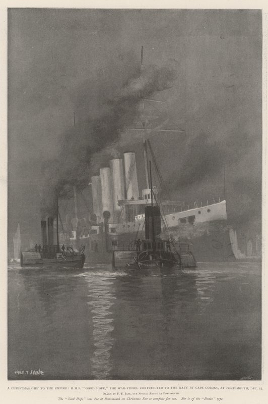 A Christmas Gift to the Empire, HMS Good Hope, the War-Vessel contributed to the Navy by Cape Colony, at Portsmouth, 25 December by Fred T. Jane
