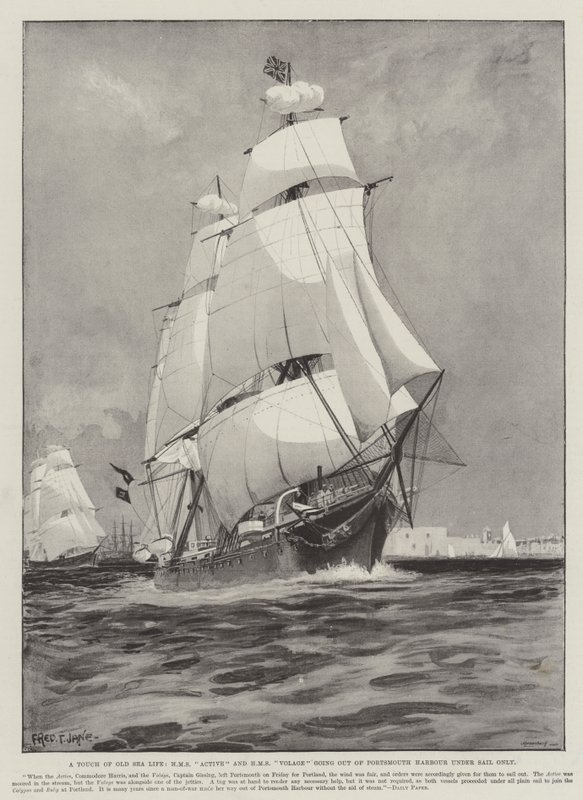 A Touch of Old Sea Life, HMS Active and HMS Volage Going out of Portsmouth Harbour under Sail Only by Fred T. Jane