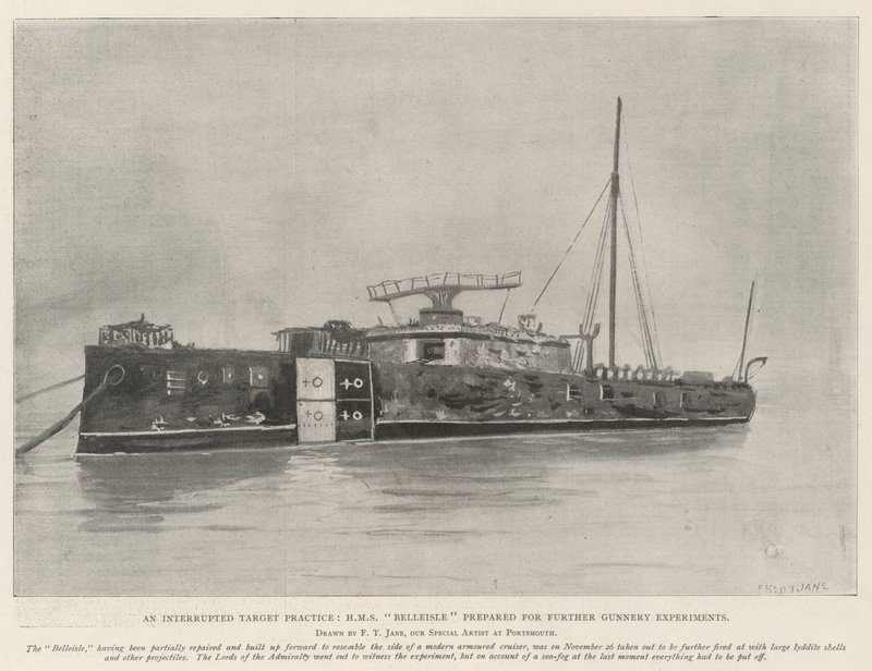 An Interrupted Target Practice, HMS Belleisle prepared for further Gunnery Experiments by Fred T. Jane