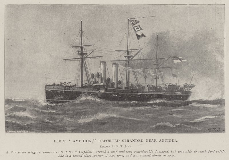 HMS Amphion, Reported Stranded near Antigua by Fred T. Jane