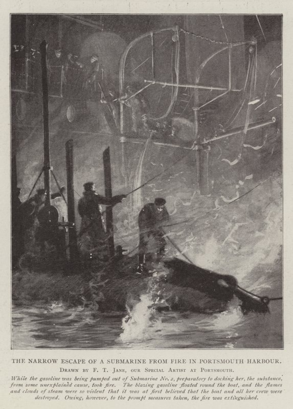 The Narrow Escape of a Submarine from Fire in Portsmouth Harbour by Fred T. Jane
