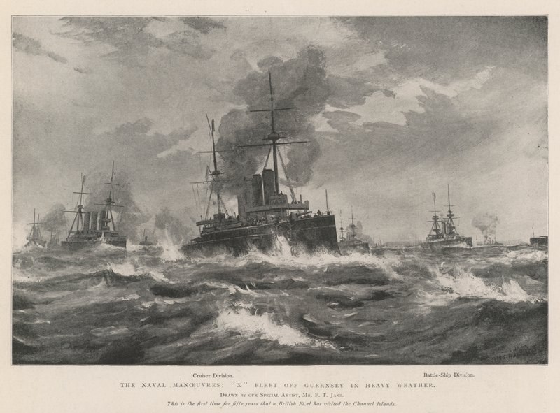 The Naval Manoeuvres, X Fleet off Guernsey in Heavy Weather by Fred T. Jane