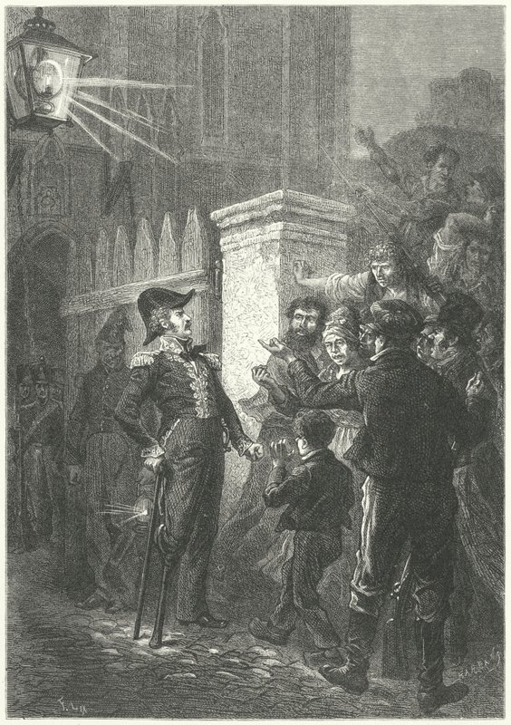 General Daumesnil confronts the Parisian mob outside the Chateau de Vincennes during the French Revolution of 1830 by Frederic Theodore (after) Lix